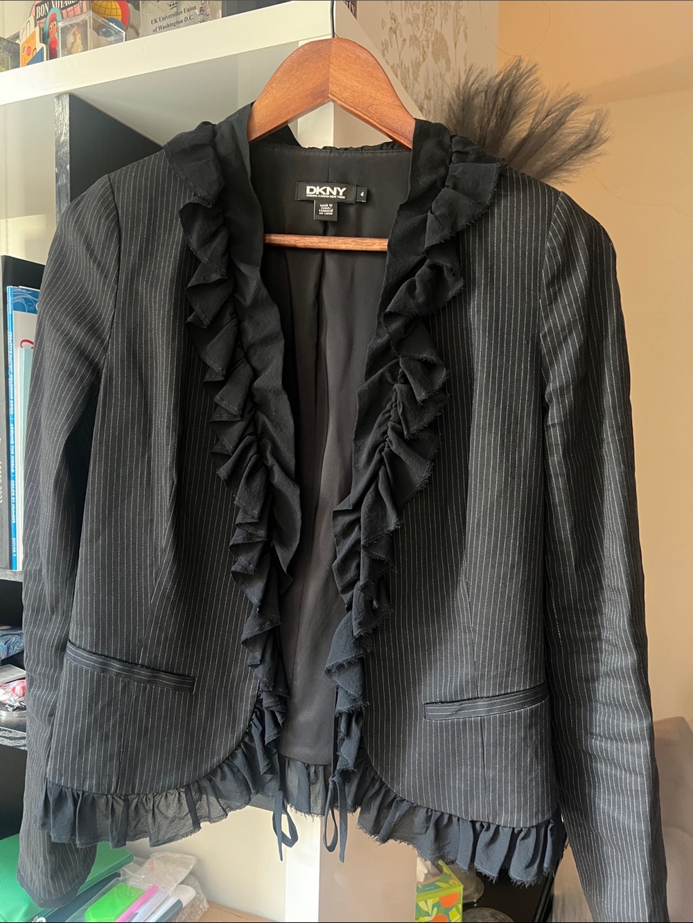 DKNY Black Pinstripe Ruffle-Trim Blazer